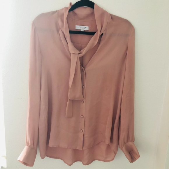 INTERMIX Womens BLUSH 100% SILK FRONT TIE LONG SLEEVE BUTTON UP TOP Size 6 - Picture 1 of 8